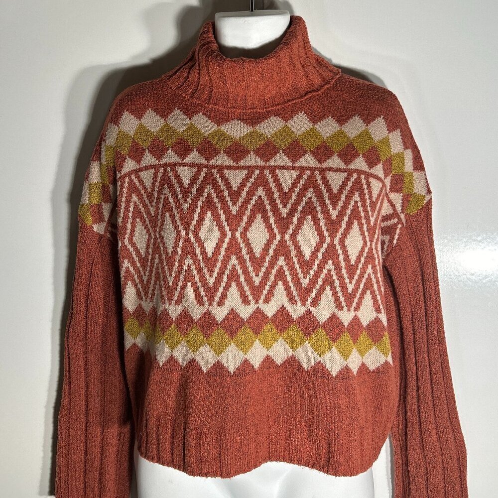 SO SZ L Rust Modern Argyle Boxy Turtleneck Sweater Preppy Academia Soft Comfy